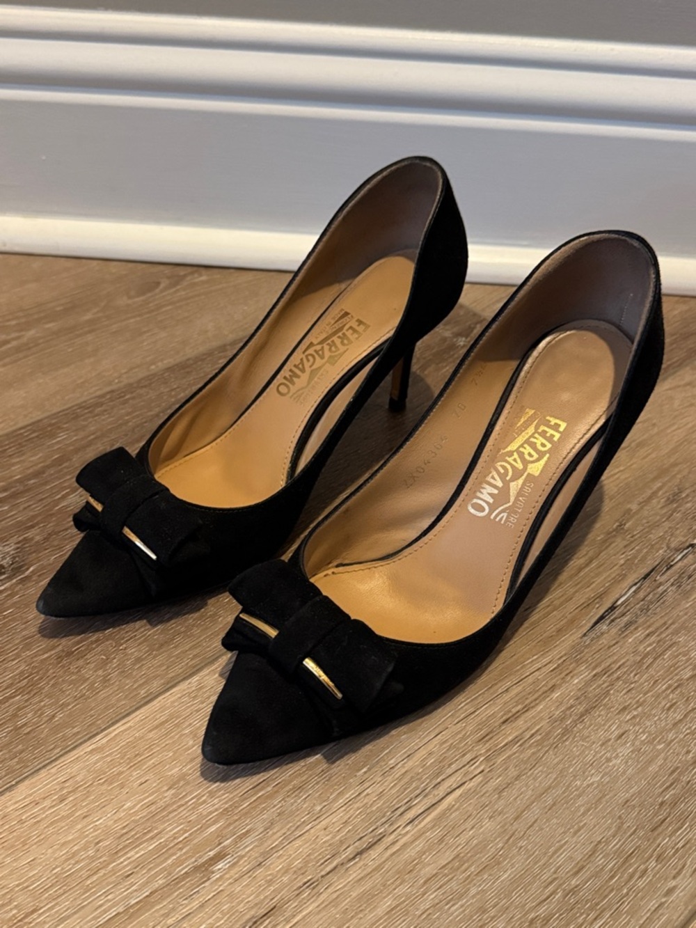 Salvatore Ferragamo Black Suede Pointed Bow Pumps